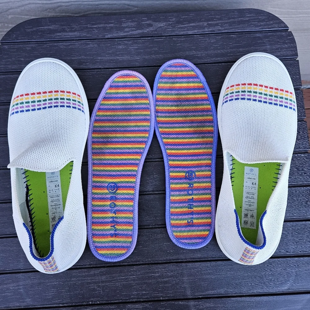 Rothys The Kid Rainbow White Sneaker Slip On Shoes Youth Girls Size 4